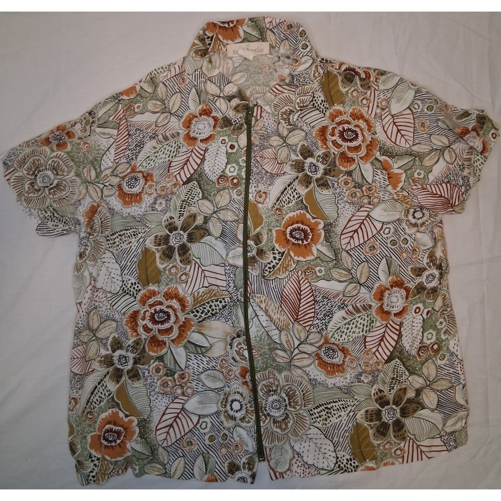 Sarah Bentley Womens Medium Floral Zip Up Short Sleeve Rayon Blouse Earth Tone